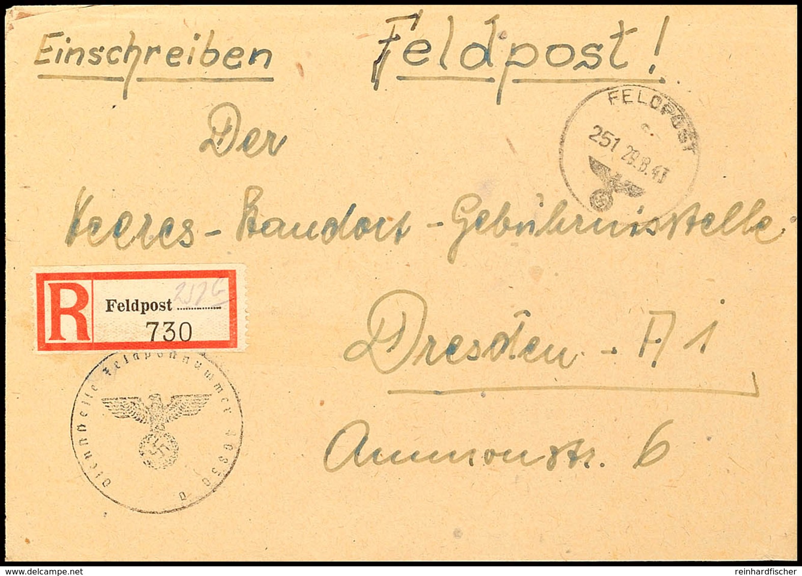 ARABER: 1943, Einschreibe-Dienstbrief Mit Norm-Stempel "c 251 29.8." Nach Dresden Mit Ankunftsstempel, Briefstempel Mit  - Altri & Non Classificati
