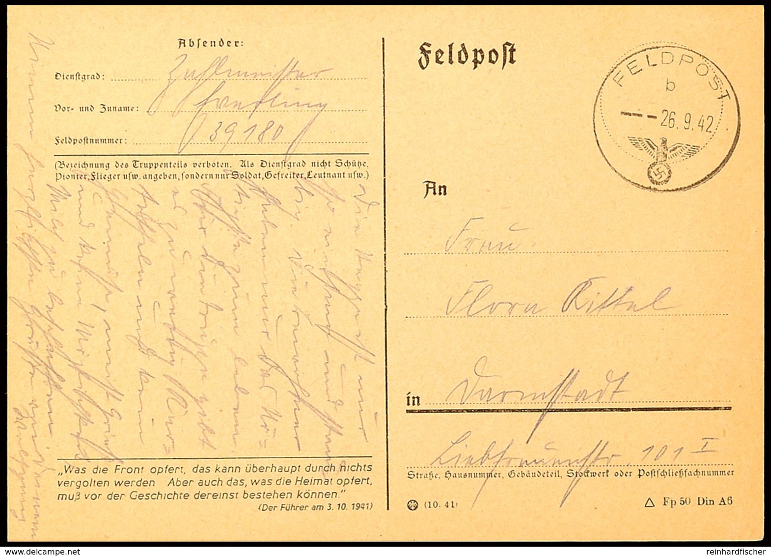 UdSSR: 1942, Feldpost-Vordruckkarte Mit Normstempel "b 26.9." Nach Darmstadt, Absenderangabe Mit Feldpost-Nummer "39180" - Andere & Zonder Classificatie