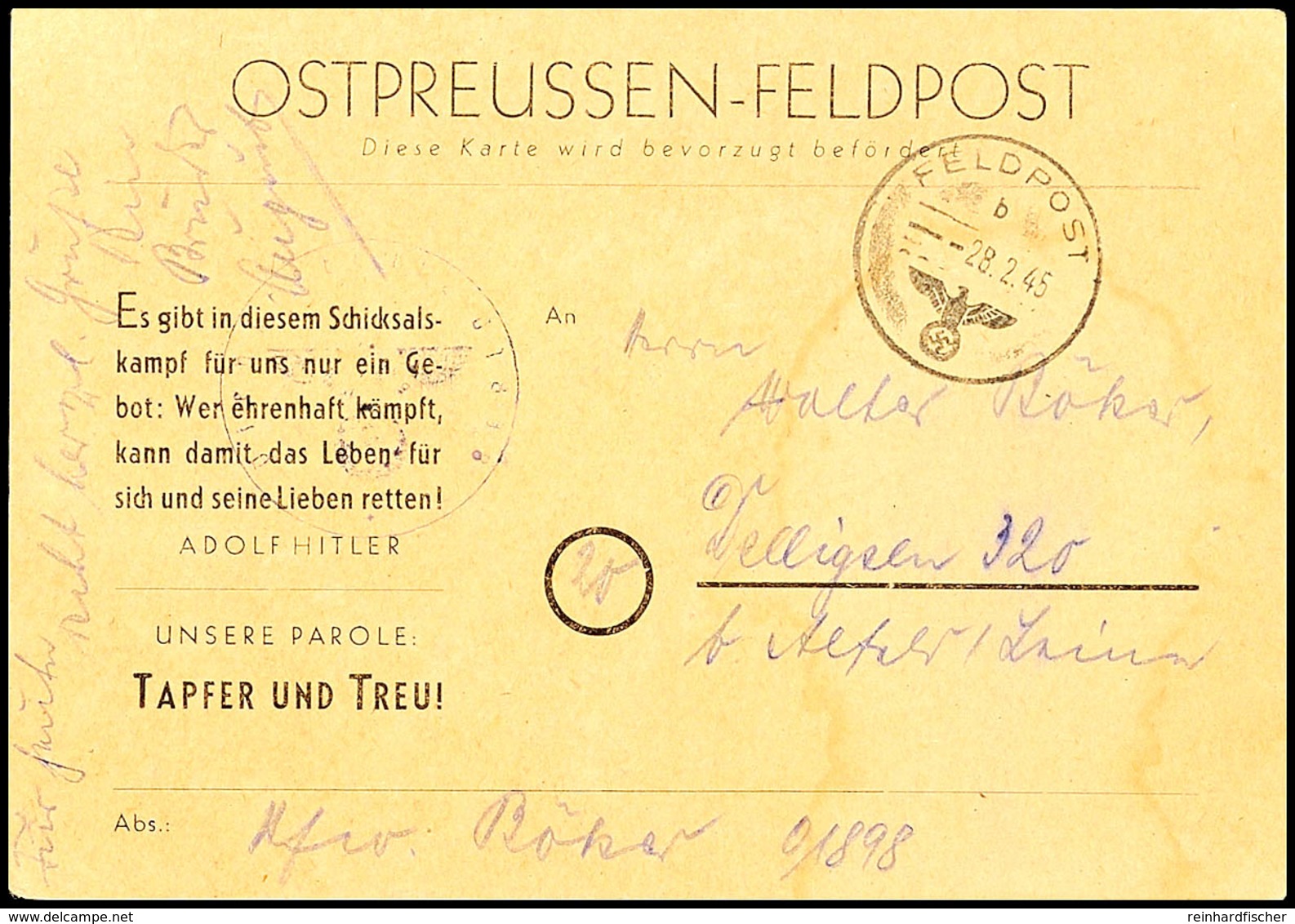 Ostpreussen-Feldpost, Karte Mit Kartonfarbe Gelbbeige Mit Eindruck "Unsere Parole: TAPFER Und TREU!", Geschrieben Am 28  - Other & Unclassified