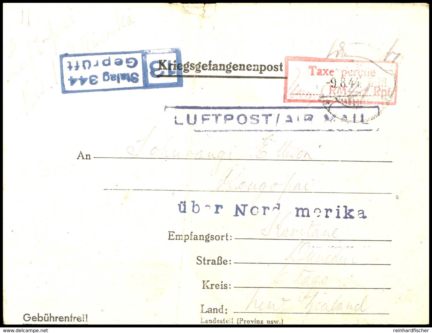 1944, Luftpost-KGF-Faltbrief Aus Dem Lager Lamsdorf Mit Aptiertem Poststempel Vom 9.8. Und Rotem Ra2 "Taxe Percue.....RM - Autres & Non Classés