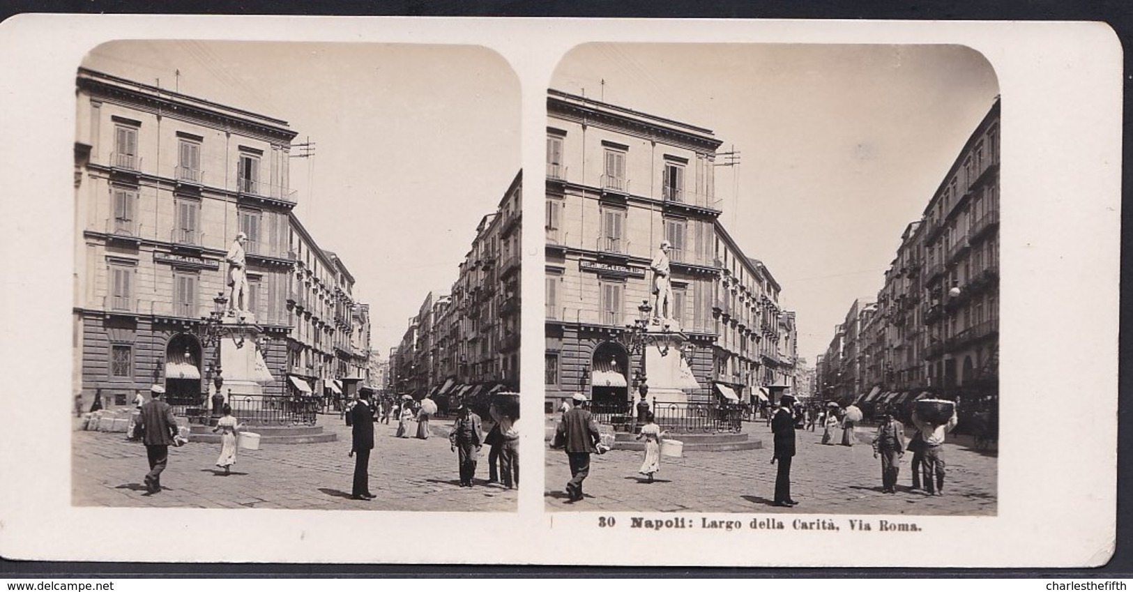 1906 VECCHIA FOTO STEREO ITALIA - CAMPANIA - ** NAPOLI ; LARGO DELLA CARITA - VIA ROMA ** RARE - Stereo-Photographie