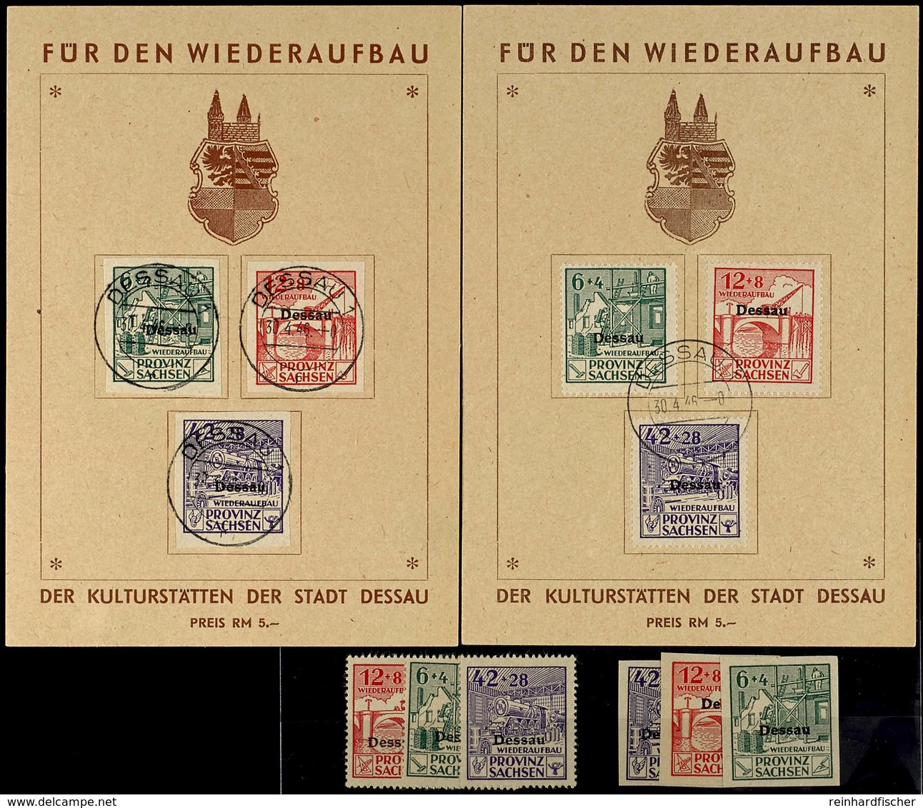 6 Pfg - 42 Pfg Spendenmarken, Gezähnt Und Ungezähnt Je Postfrisch Und Je Auf Wiederaufbau-Gedenkblatt, Tadellos, Mi. 300 - Dessau