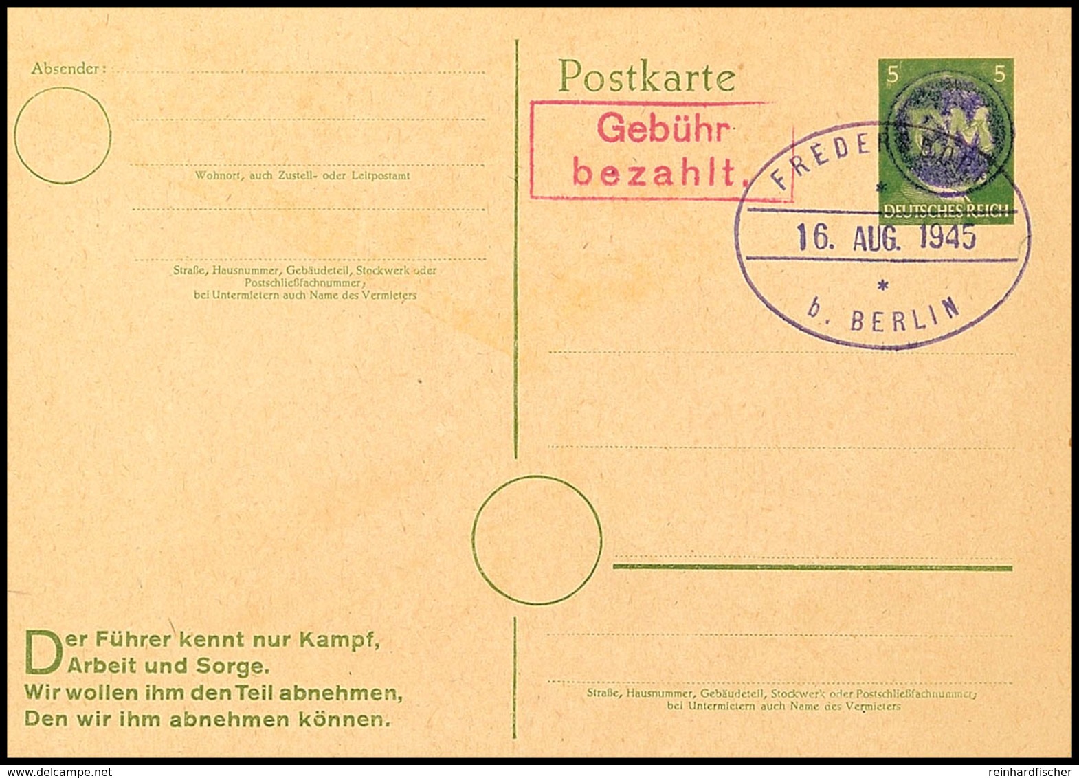 5 Pfg Ganzsachenkarte Mit Rotem "Gebühr Bezahlt"-Ra2, Blanko Gestempelt, Fotoattest Harder BPP, Mi. Unterbewertet Und Ka - Fredersdorf-Vogelsdorf
