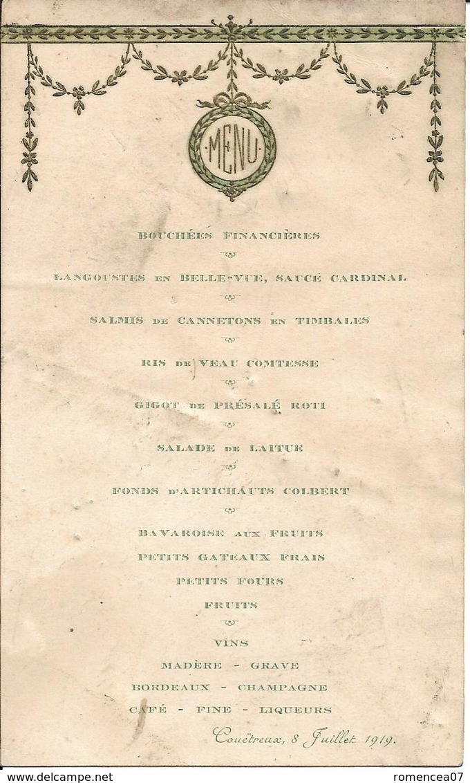 COUÊTREUX (Loire-Atlantique) - MENU Du 8 Juillet 1919 - A Voir ! - Menus