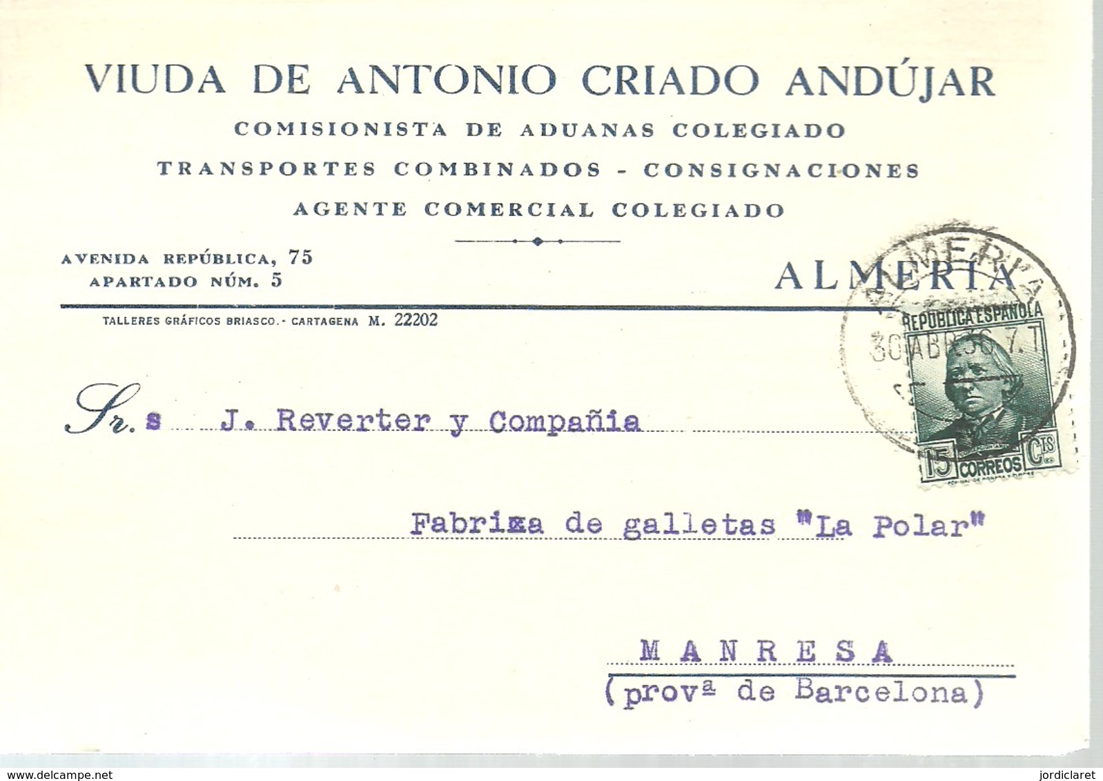 TARJETA COMERCIAL  1936  ALMERIA - Lettres & Documents