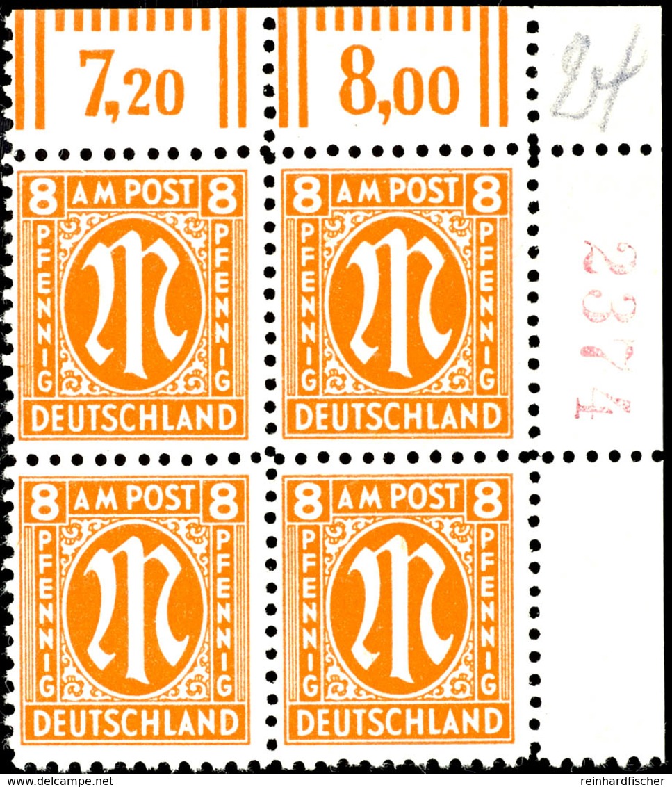 8 Pfg AM-Post, Deutscher Druck, Eckrand-4er-Block Mit Roter Bogenrandzählnummer "2374", Tadellos Postfrisch, Unsigniert, - Other & Unclassified