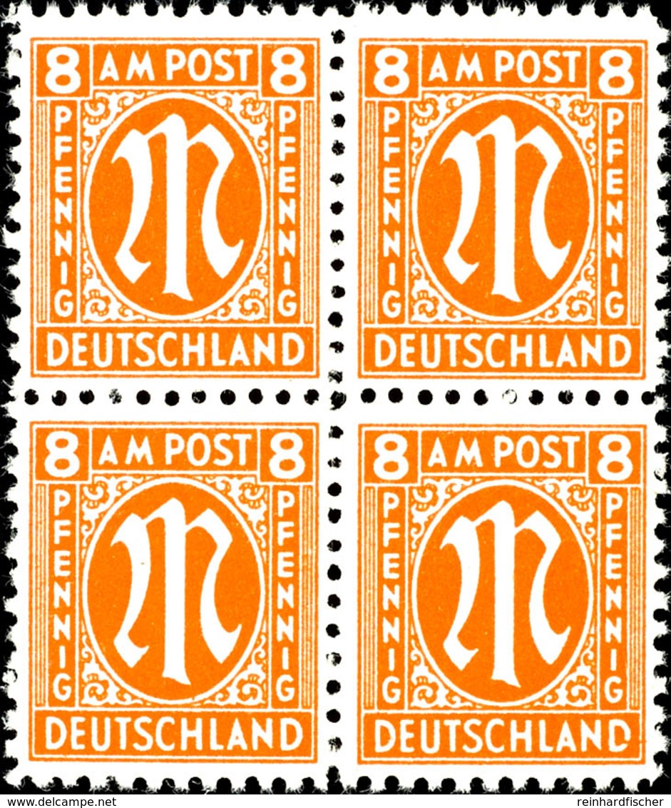 8 Pfg AM-Post, Deutscher Druck, Mit Plattenfehler IV Im 4er-Block Mit Normalmarken, Tadellos Postfrisch, Unsigniert, Mi. - Other & Unclassified