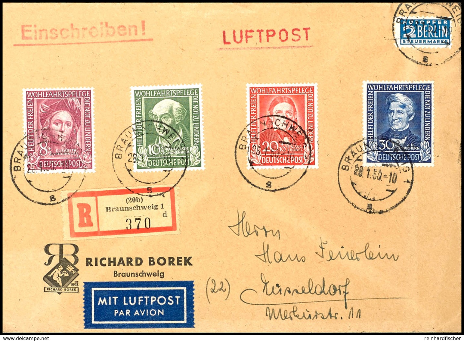 Wohlfahrt 1949 Kpl. A. Eingeschriebenen Luftpostbrief Nach Düsseldorf, Tadellos, Mi. 170,- Schon Für Die Losen Marken !, - Sonstige & Ohne Zuordnung