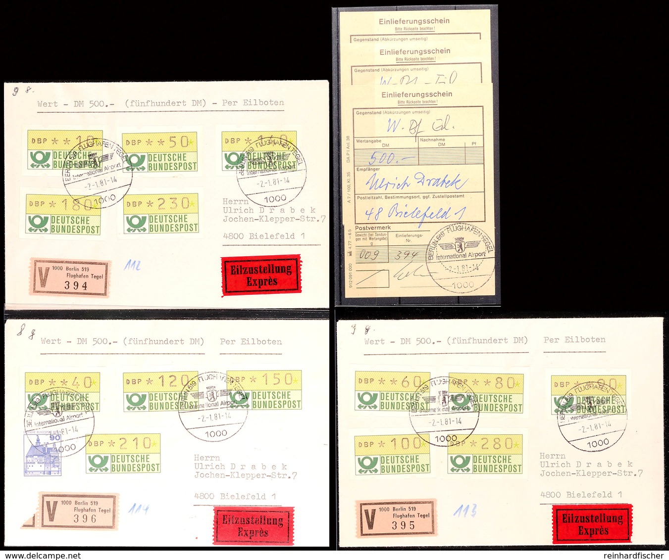 1981, Kpl. VS 1 Verteilt Auf Drei FDC's, Je Als Eilboten-Wertbrief Von "BERLIN 519 FLUGHAFEN TEGEL INTERNATIONAL AIRPORT - Sonstige & Ohne Zuordnung