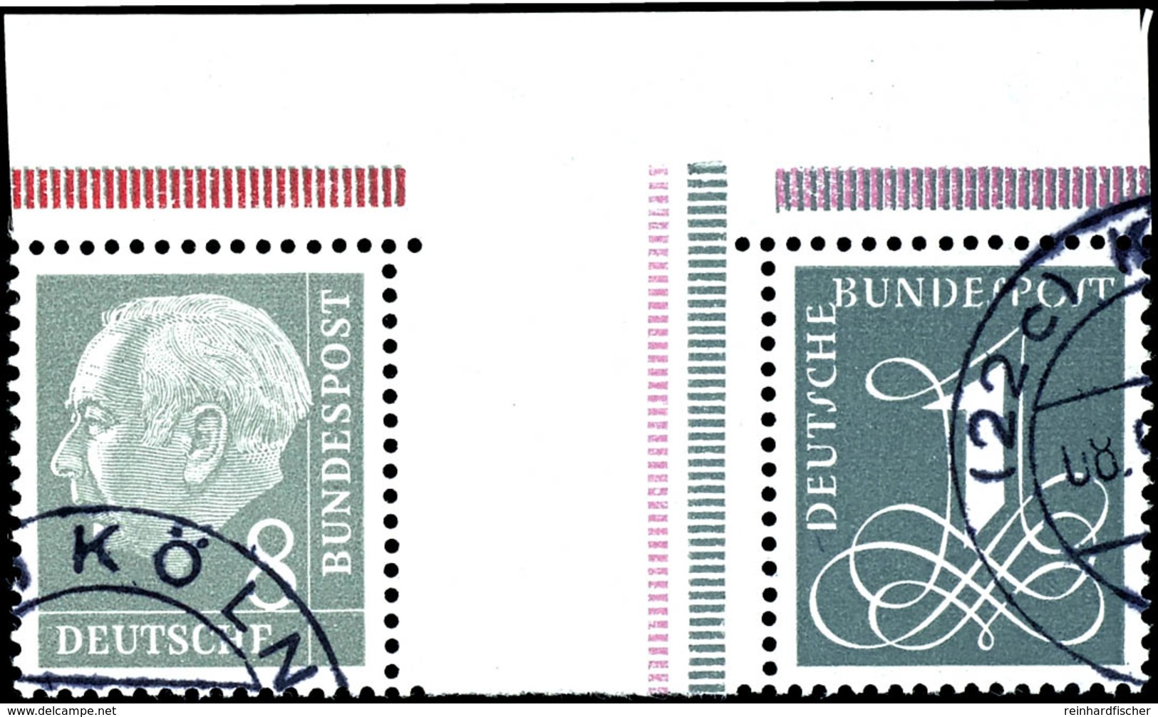 Heuss Und Ziffer 1958/60, Zusammendruck 8+Z+1 Mit Oberrand, Zwischensteg In Type IV, Tadellos Gestempelt "KÖLN", Mi. 200 - Se-Tenant