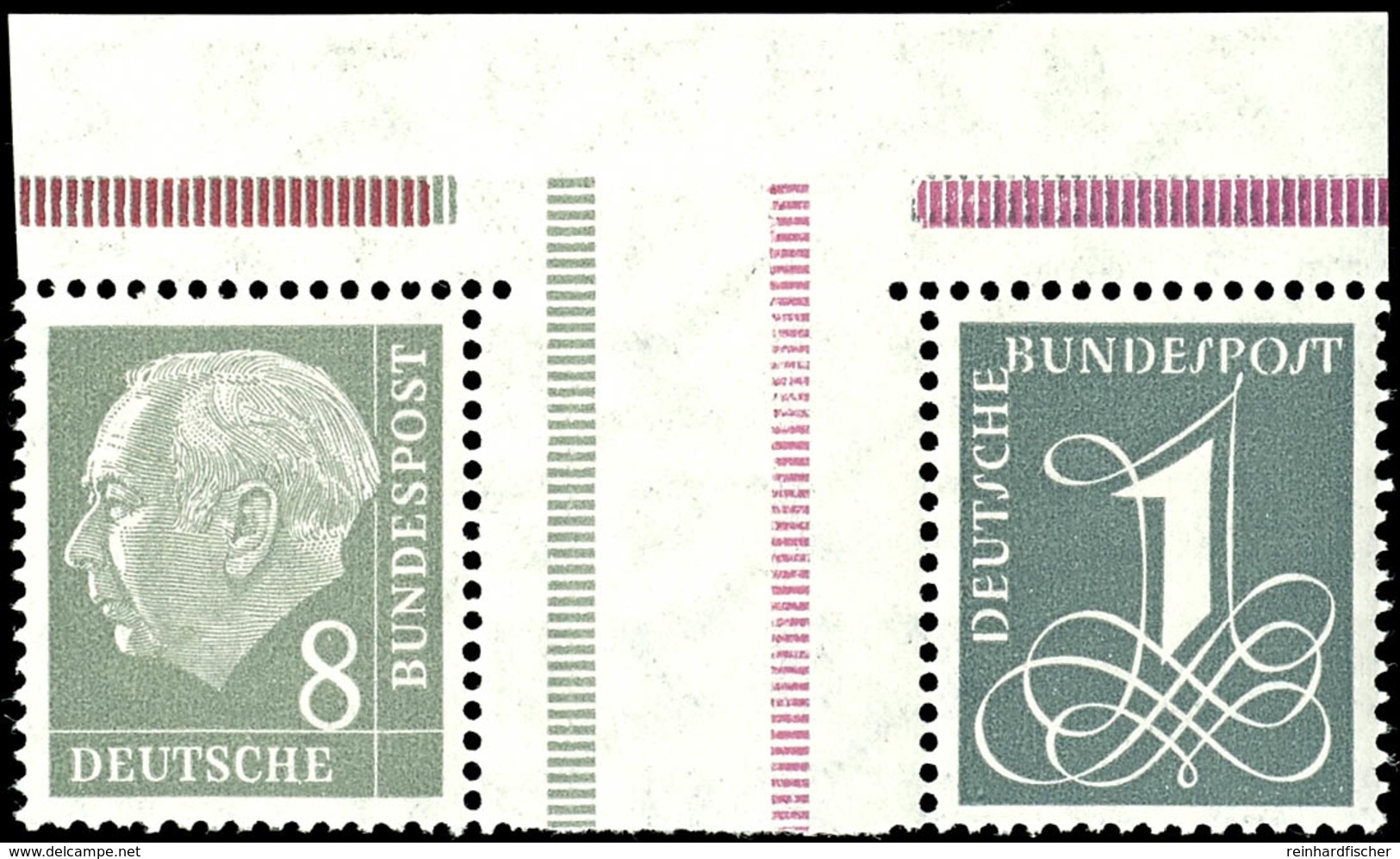 Heuss Und Ziffer 1958/60, Waagerechter Zusammendruck 8 + Z + 1 Mit Oberrand, Zwischensteg In Type AIV, Tadellos Postfris - Se-Tenant