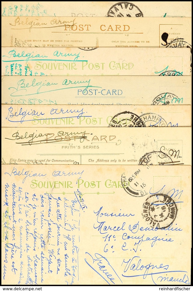 1915/1916, Kleine Korrespondenz Mit 7 Feldpost-Ansichtskarten Aus England An Einen Belgischen Soldaten In Frankreich (me - Altri & Non Classificati