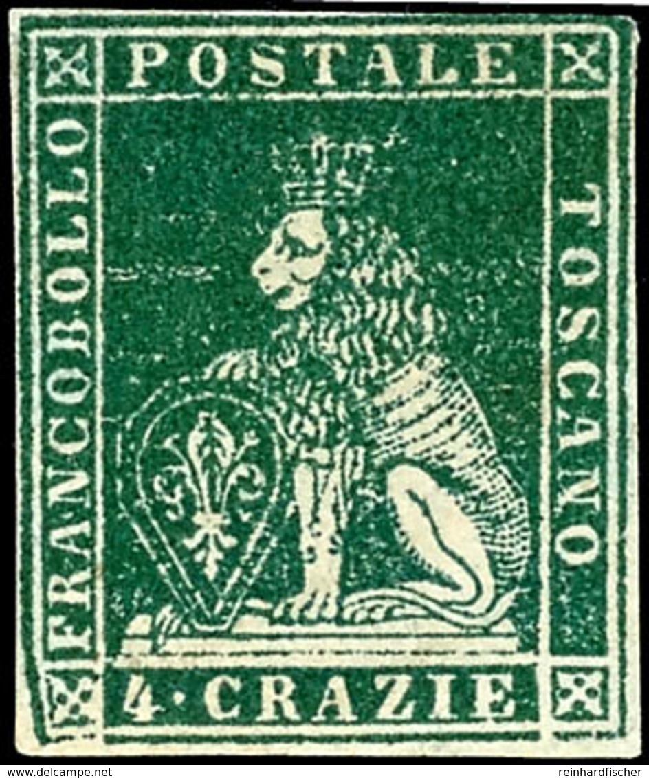 1853, 4 C. "Löwe" Grün Auf Grauem Papier, üblich Gerandetes Prachtstück, Ungebraucht Ohne Gummierung, Tiefst Signiert Pf - Toskana