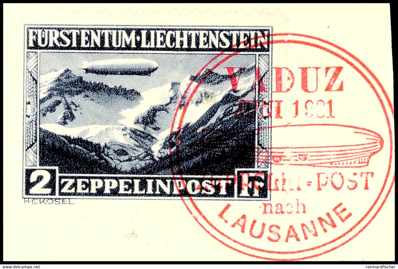 1 Und 2 Fr. Zeppelin, Je Mit Rotem Sonderstpl. 2 Fr. Auf Briefstück (1 Fr. ½ Zahn), Mi. 650.-, Katalog: 114/15 O/BS - Liechtenstein