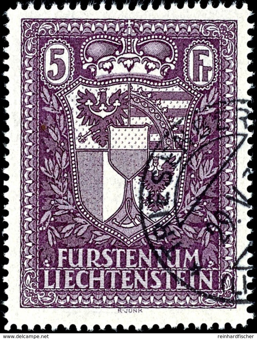 Landeswappen 5 Fr. Tadellos Gestempelt, Mi. 1.300,--, Katalog: 142 O - Liechtenstein