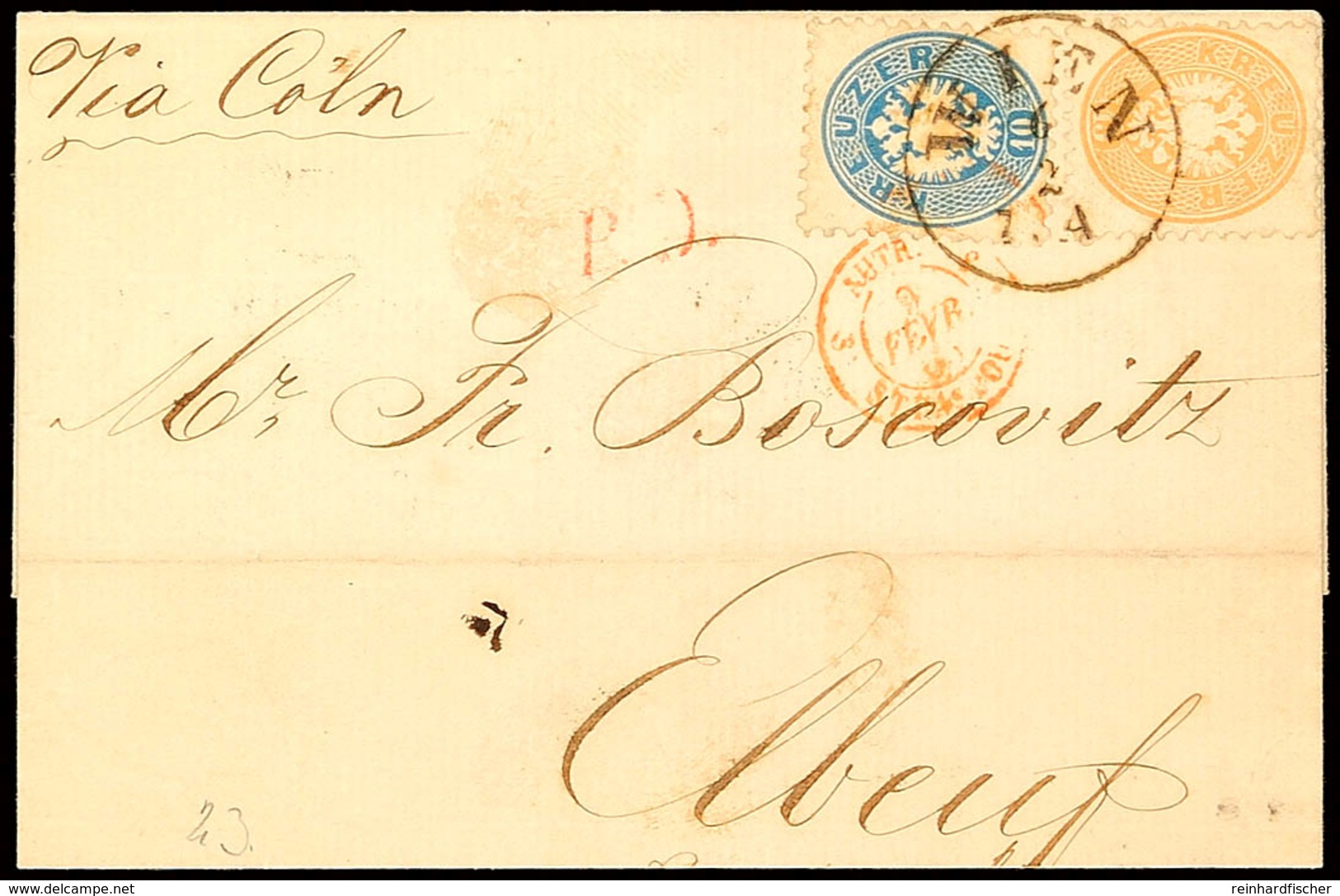 10 Kr. Blau Mit 15 Kr. Hellbraun, 5. Ausgabe, Als Buntfrankatur Auf Auslandsbrief Von WIEN 6/2 (K1 1865) Nach Elbeuf/Fra - Otros & Sin Clasificación