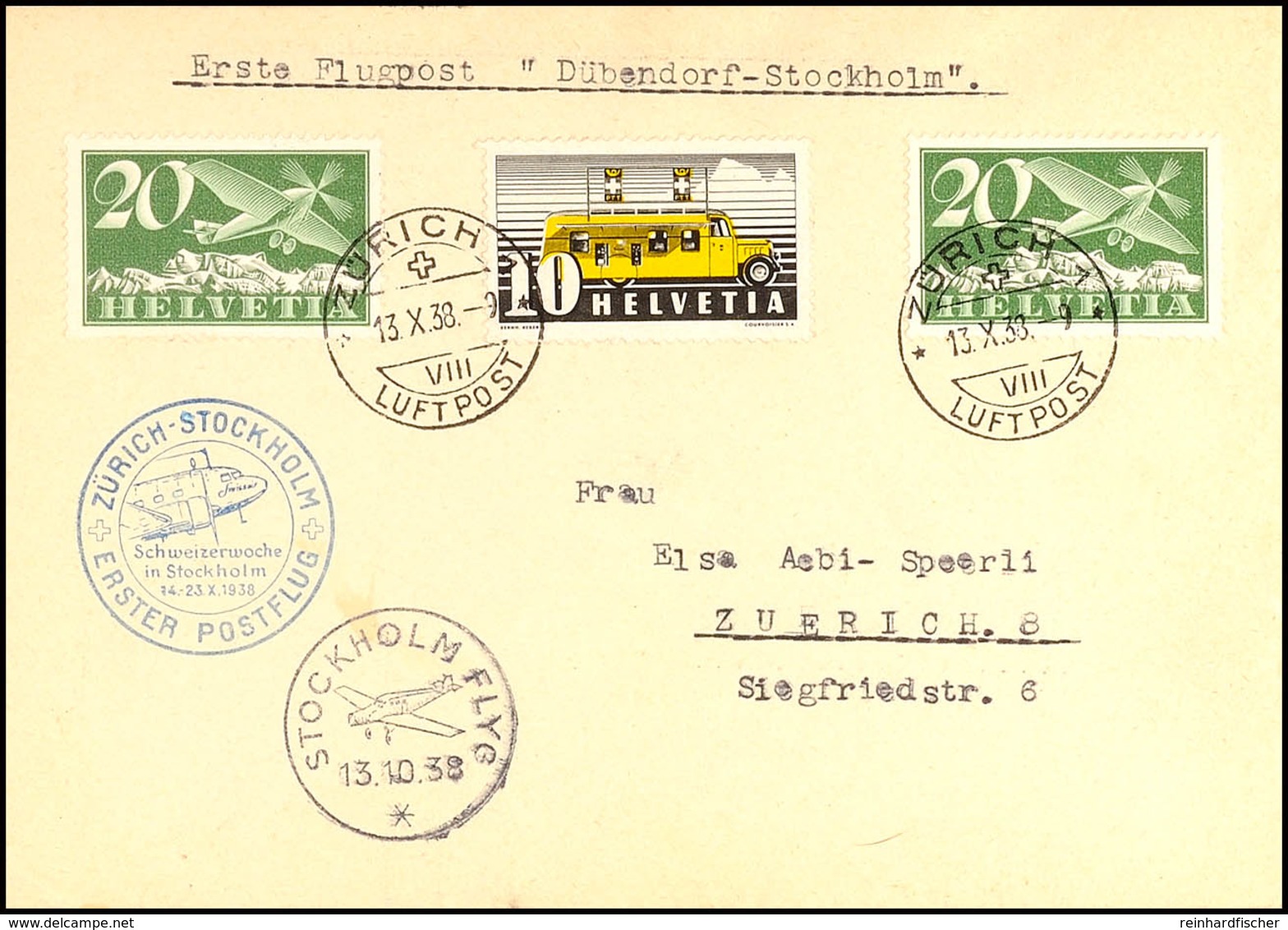 SCHWEIZ LUFTPOST, 1938, "ERSTER POSTFLUG ZÜRICH-STOCKHOLM Schweizerwoche In Stockholm" Luftpostbrief Mit MiNr. 213 Z (2) - Altri & Non Classificati