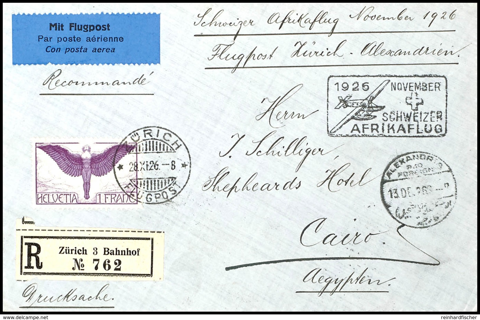 1926, Afrikaflug, Zürich - Alexandria, R-Drucksachen-Umschlag Mit 1 Fr. Flugpost Von "ZÜRICH FLUGPOST 28.XI.26" Nach Kai - Otros & Sin Clasificación