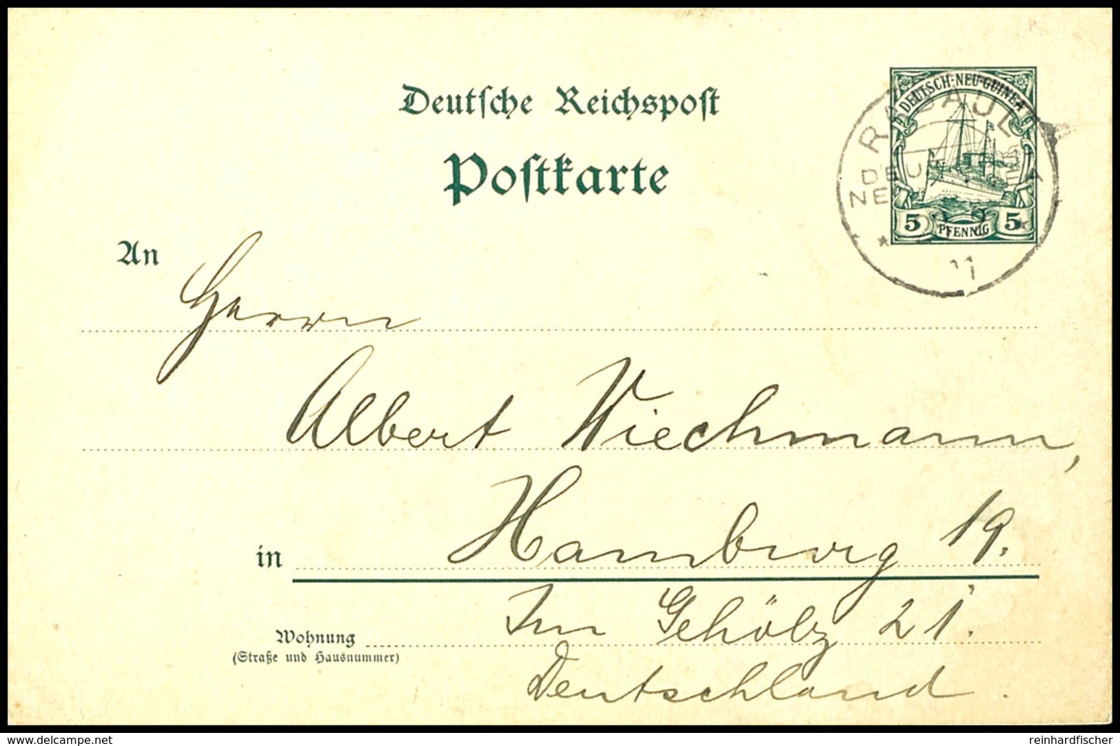 1911, Ganzsachenkarte 5 Pfg Kaiseryacht, Stempel RABAUL DNG 28.2 11, Nach Hamburg. Absender Ist Walther Wiechmann (rücks - Sonstige & Ohne Zuordnung