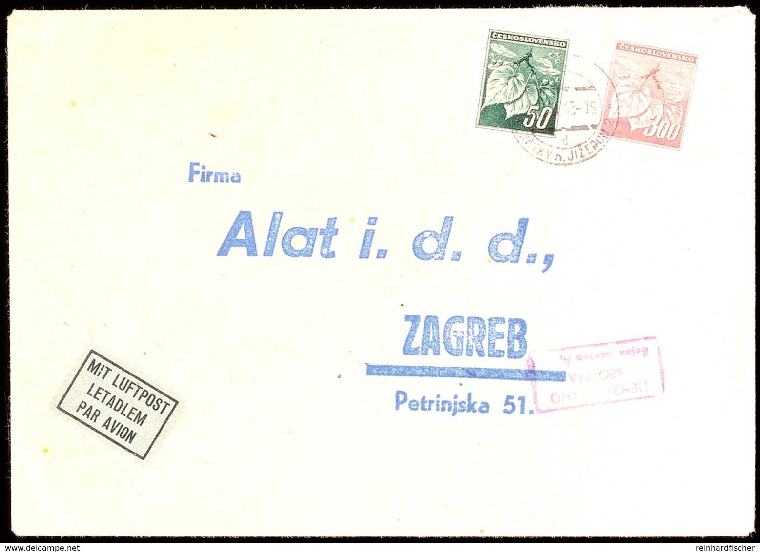 1945, Brief Aus Der CSSR  Nach Zagreb Mit Violettem Ra.-Stempel Der Jugoslawischen Militärzensur  BF - Sonstige & Ohne Zuordnung
