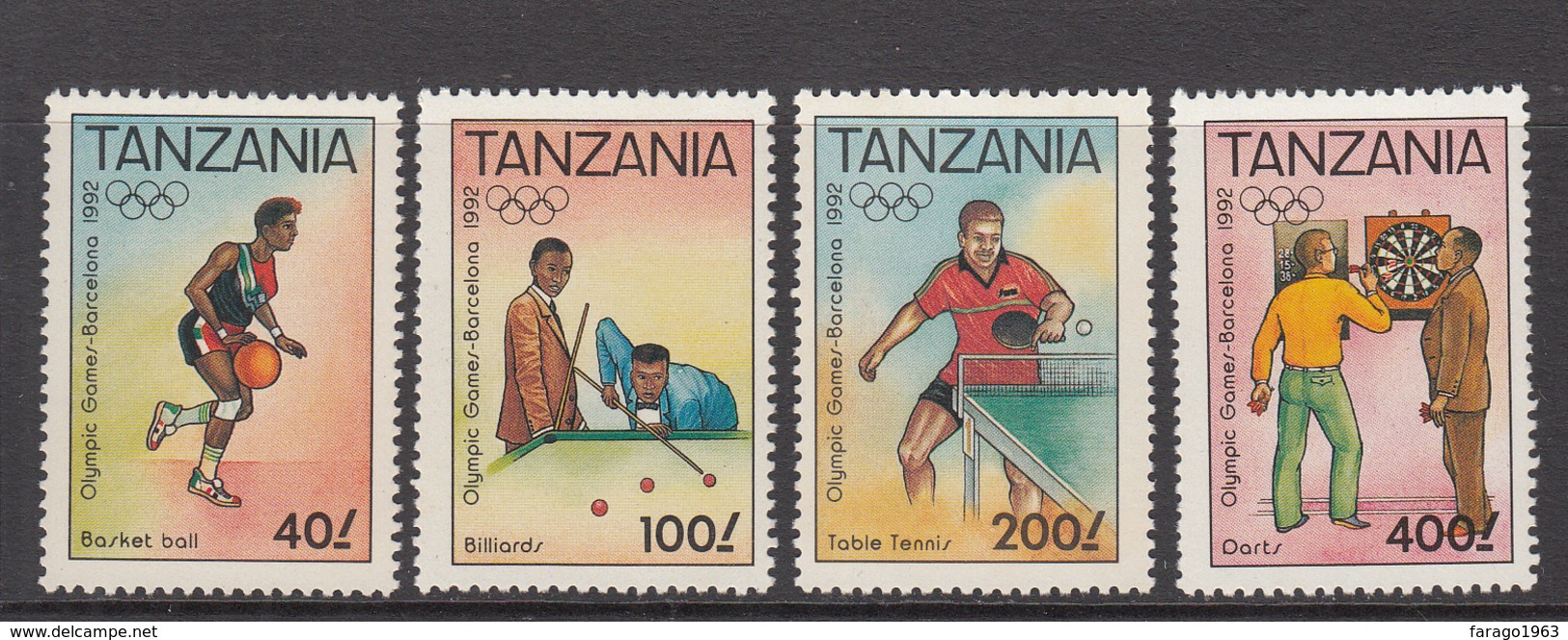 1992 Tanzania Barcelona Olympics Basketball, Billiards, Darts, Table Tennis Set Of 4 MNH - Tanzania (1964-...)