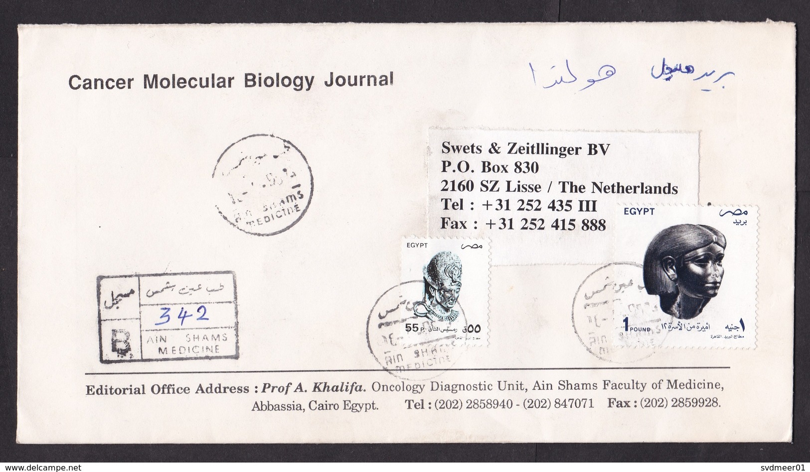 Egypt: Registered Cover To Netherlands, 1995, 2 Stamps, Mask, Archeology, Cancel Ain Shams Medicine (minor Damage) - Brieven En Documenten