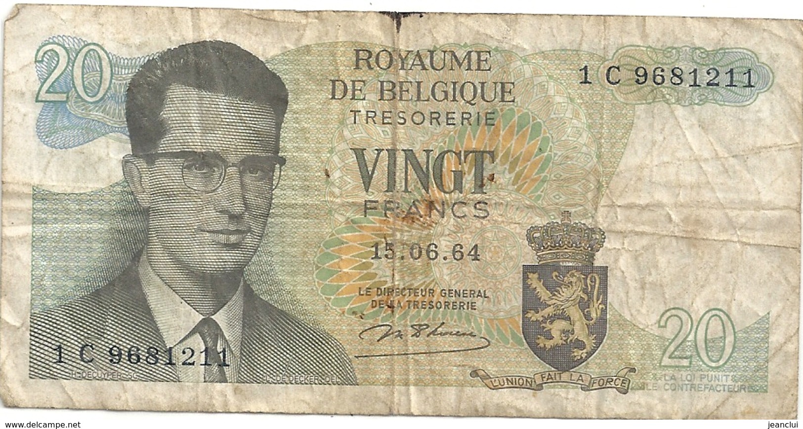 ROYAUME DE BELGIQUE - TRESORERIE . 20 FRANCS . 15-06-1964 .  1 C 9681211 . 2 SCANES  . 2 SCANES - 20 Francs