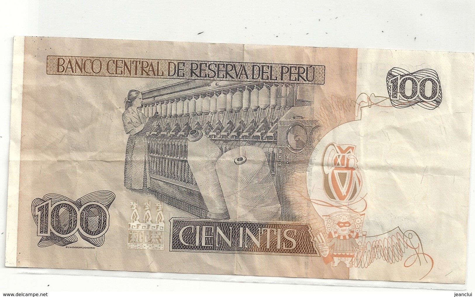 BANCO CENTRAL DE RESERVA DEL PERU .  100 INTIS . 26 DE JUNIO DE 1987 . B9487274F   . 2 SCANES - Pérou