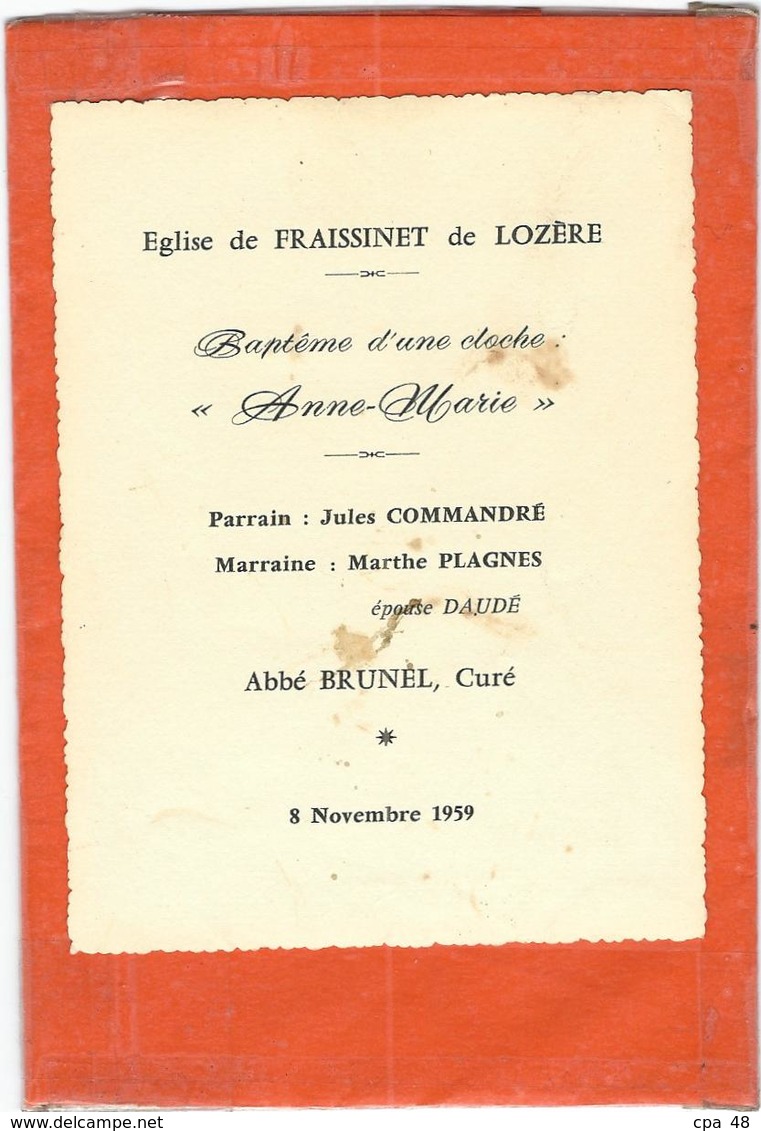 Lozere : Fraissinet De Lozere : Photo D'Epoque (1959), Bapteme D'une Cloche, "Anne Marie" - Other & Unclassified