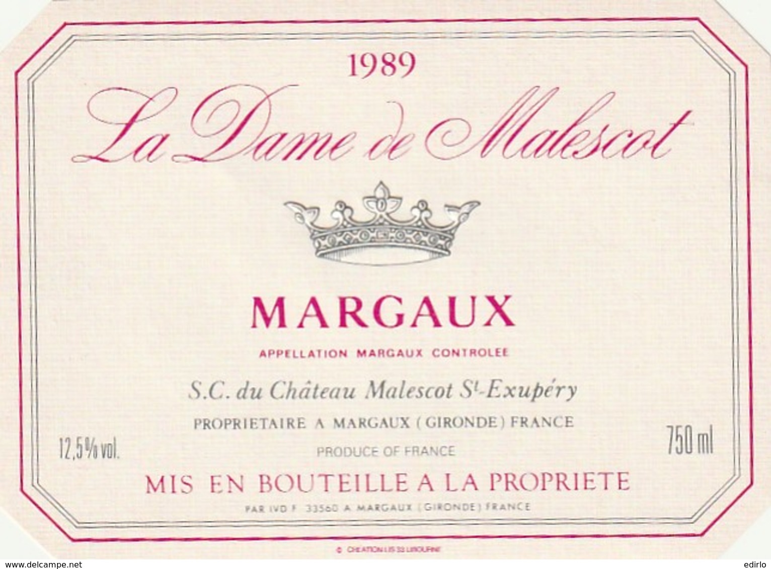 *** ETIQUETTES  ***- Appellation BORDEAUX  - MARGAUX  La Dame De Malescot 1989 - Bordeaux