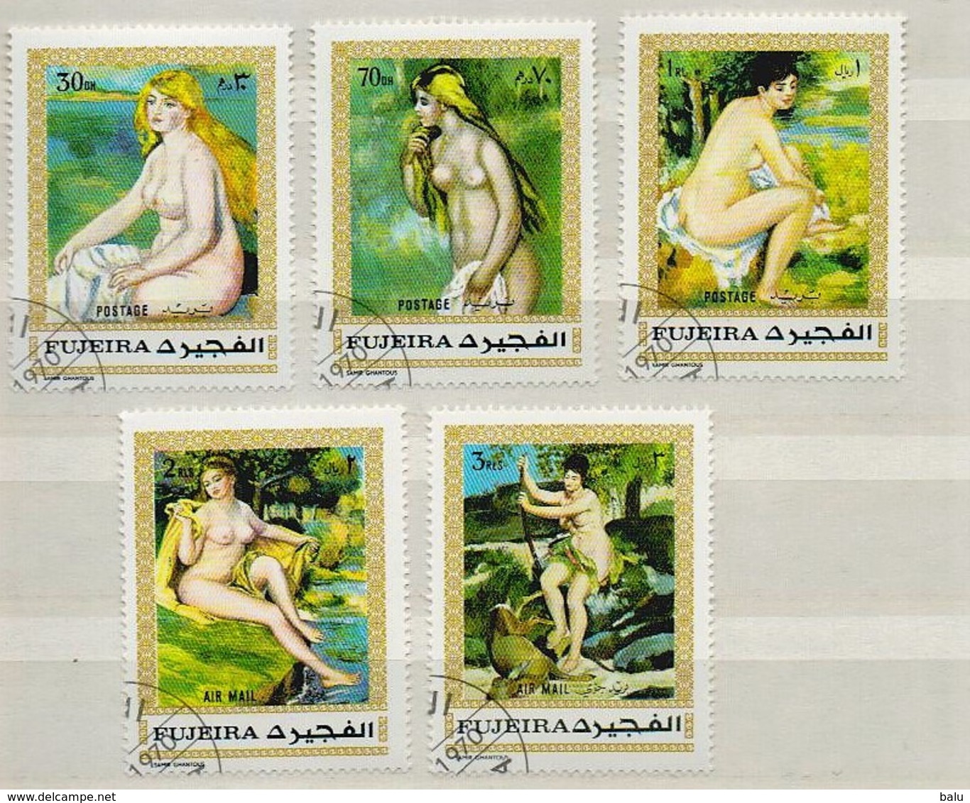 Fujeira, Satz Gemälde Akte, 1971 Paintings Nudes Renoir Mi.648-652, Gestempelt, Used, Oblitéré - Fujeira