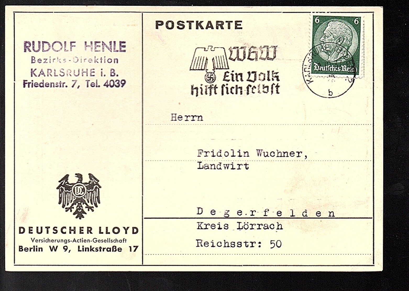 Deutscher Lloyd Rudolf Henle Karlsruhe Friedenstrasse 7 Linkstrasse 17 > Degerfelden Fridolin Wuchner (R5-23) - Cartas & Documentos