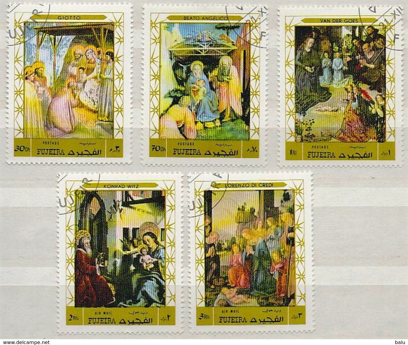 Fujeira 1979 Paintings Giotto B.Angelico Van Der Goes K. Witz Et L. Di Crédi, Gestempelt, Used, Oblitéré, Christmas - Fudschaira