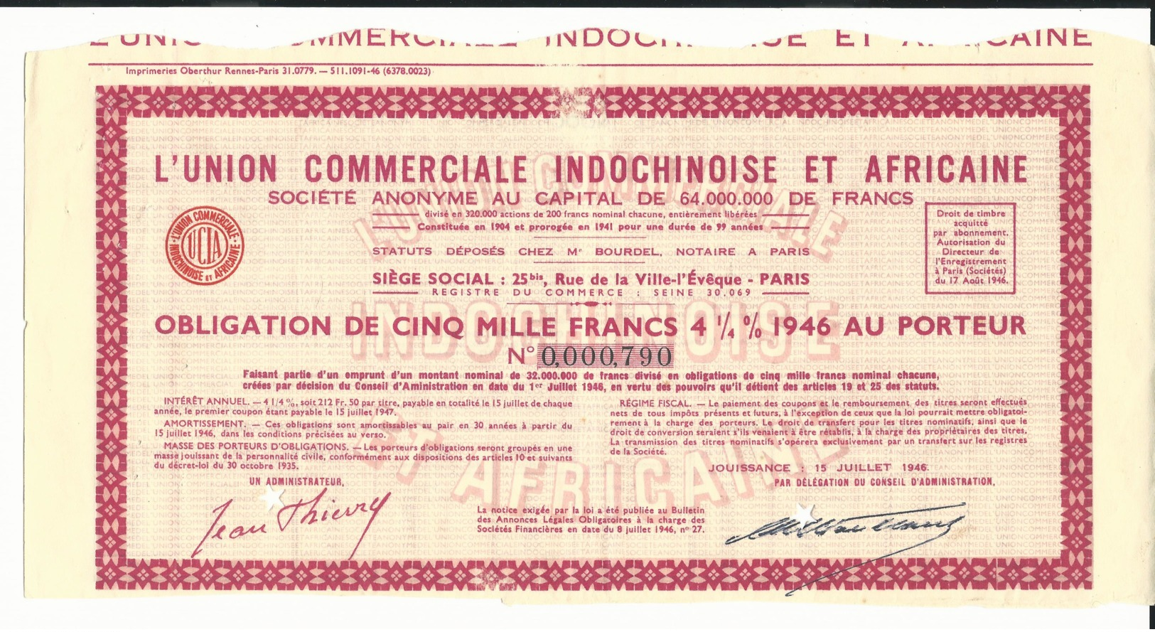 OBLIGATION De L'UNION COMMERCIALE INDOCHINOISE Et AFRICAINE - Du 15 Juillet 1946 - Asie