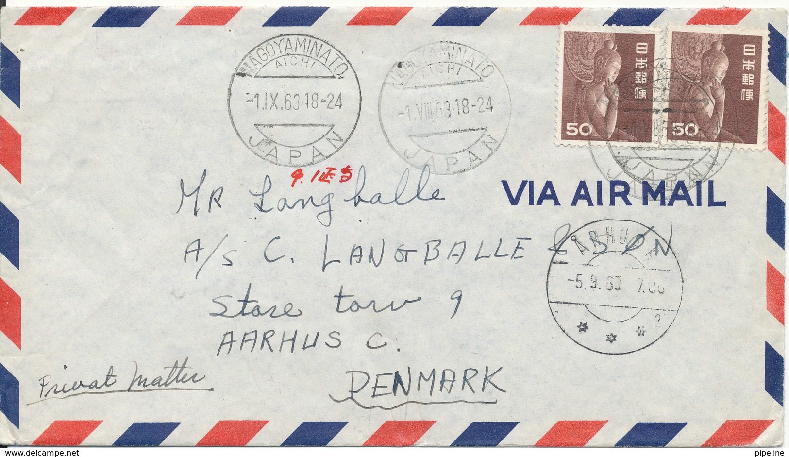 Japan Air Mail Cover Sent To Denmark Nagoyaminato 1-9-1963 - Corréo Aéreo