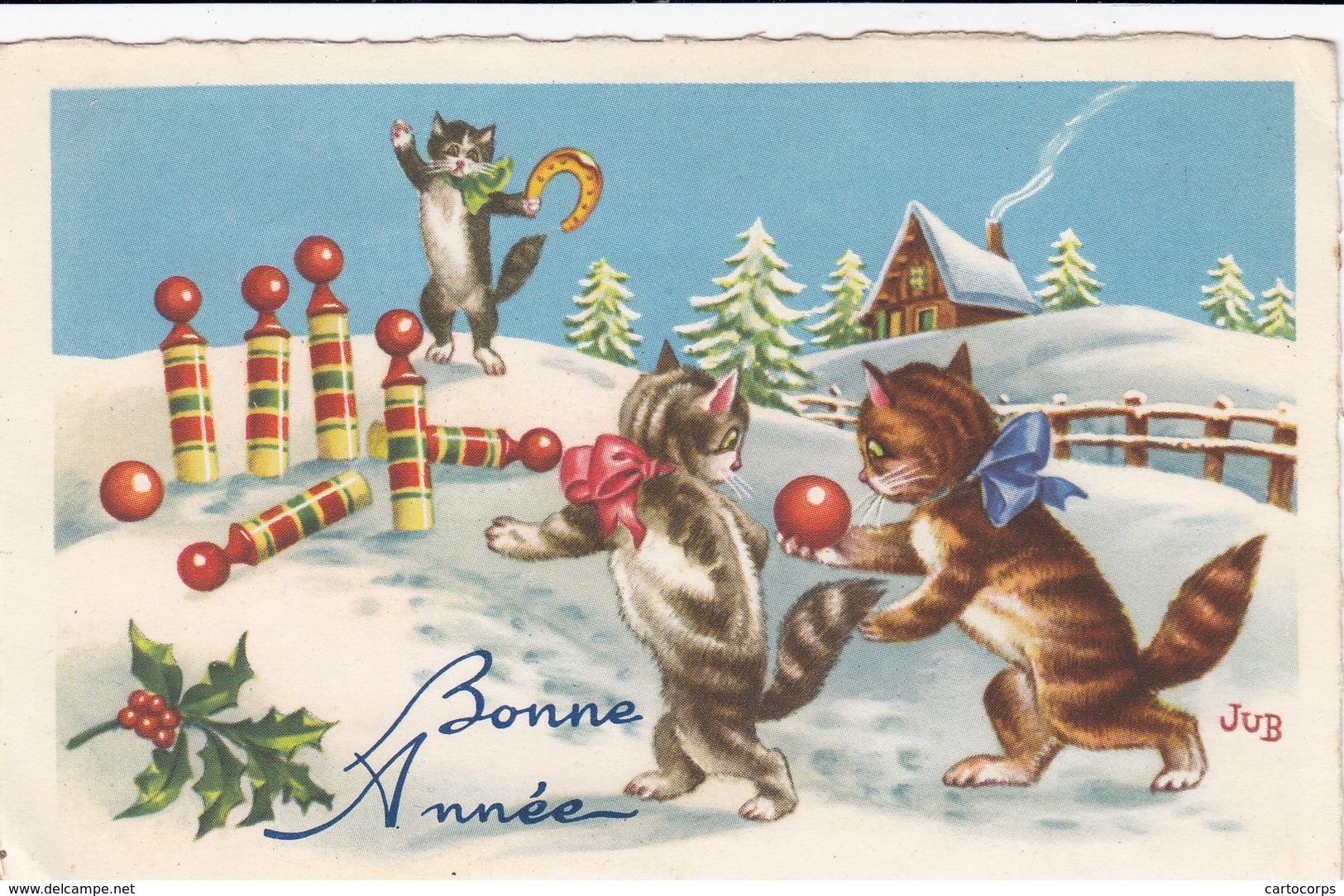 Thèmes - Carte Fantaisie -Lot De 2 Cartes - Bonne Année - 2 Jeunes Chatons Jouent Aux Quilles - Bouquet De Violettes - Animaux Habillés