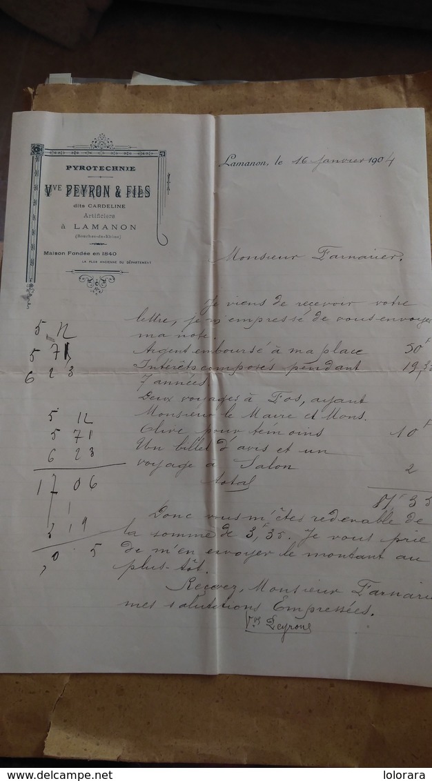 Lettre Pyrotechnie Peyron Dits Cardeline Artificiers à Lamanon 1904 - Autres & Non Classés