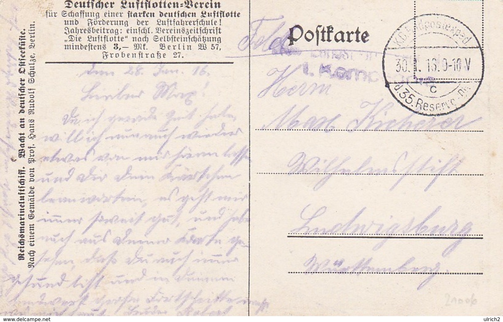 AK Reichsmarineluftschiff - Wacht An Dt. Ostseeküste - Künstlerkarte Schulze - Luftflotten-Verein - Feldpost 1916(38204) - Oorlog 1914-18