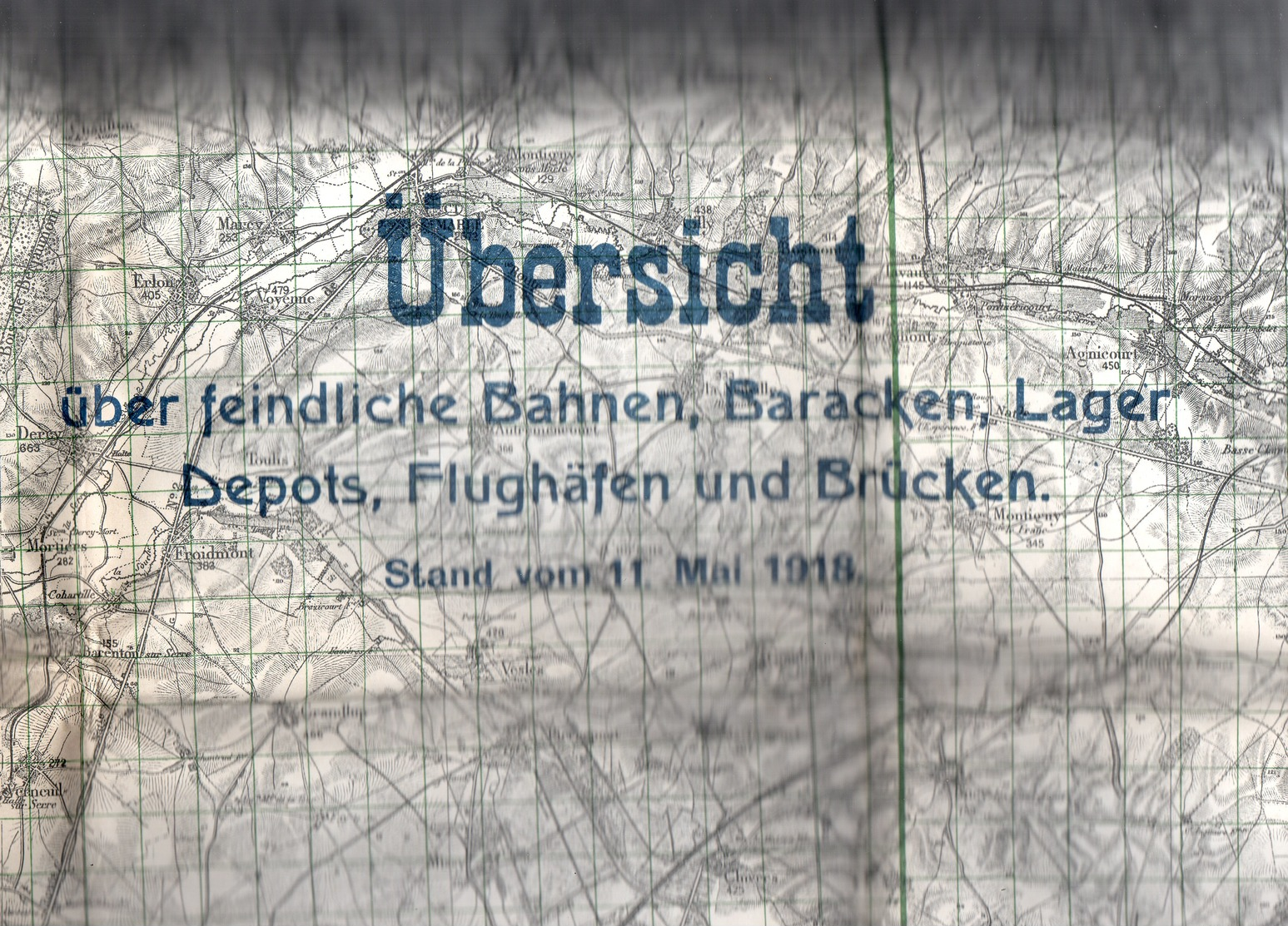 CARTE ETAT MAJOR ALLEMAND 11 MAI 1918 Region SOISSONS .NESLE .REIMS .MONTCORNET  POSITION TROUPES PONTS Guerre 14.18 - Documenti