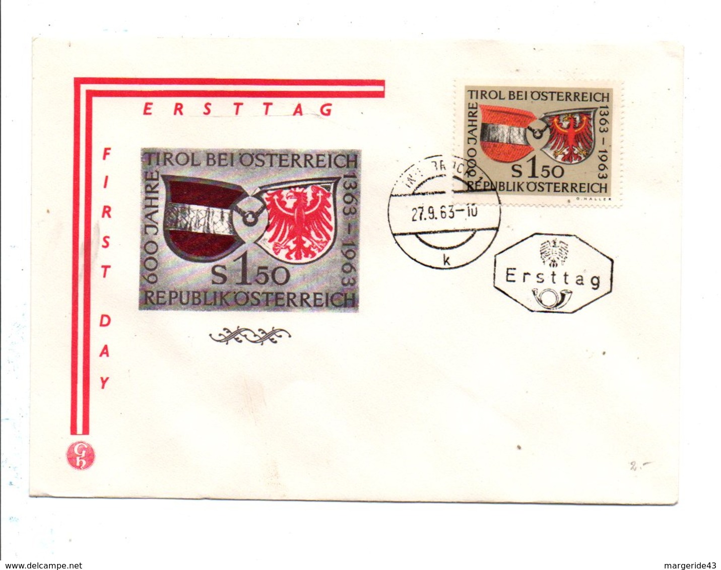 AUTRICHE FDC 1959 600 ANS INTEGRATION DU TYROL - FDC