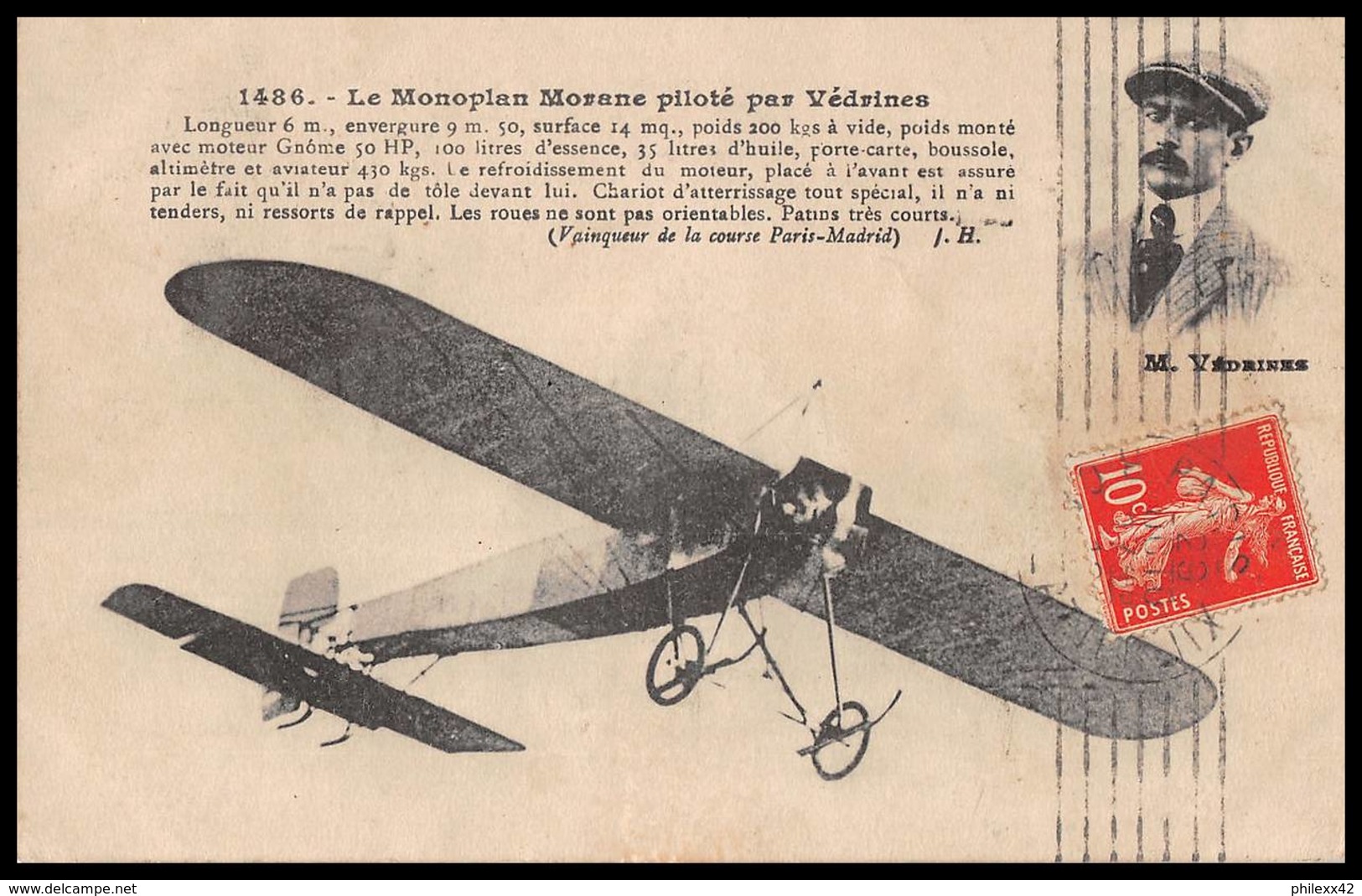 41876 Monoplan Morane Piloté Par Vedrines 1913 France Aviation PA Poste Aérienne Airmail Carte Postale (postcard) - 1927-1959 Cartas & Documentos