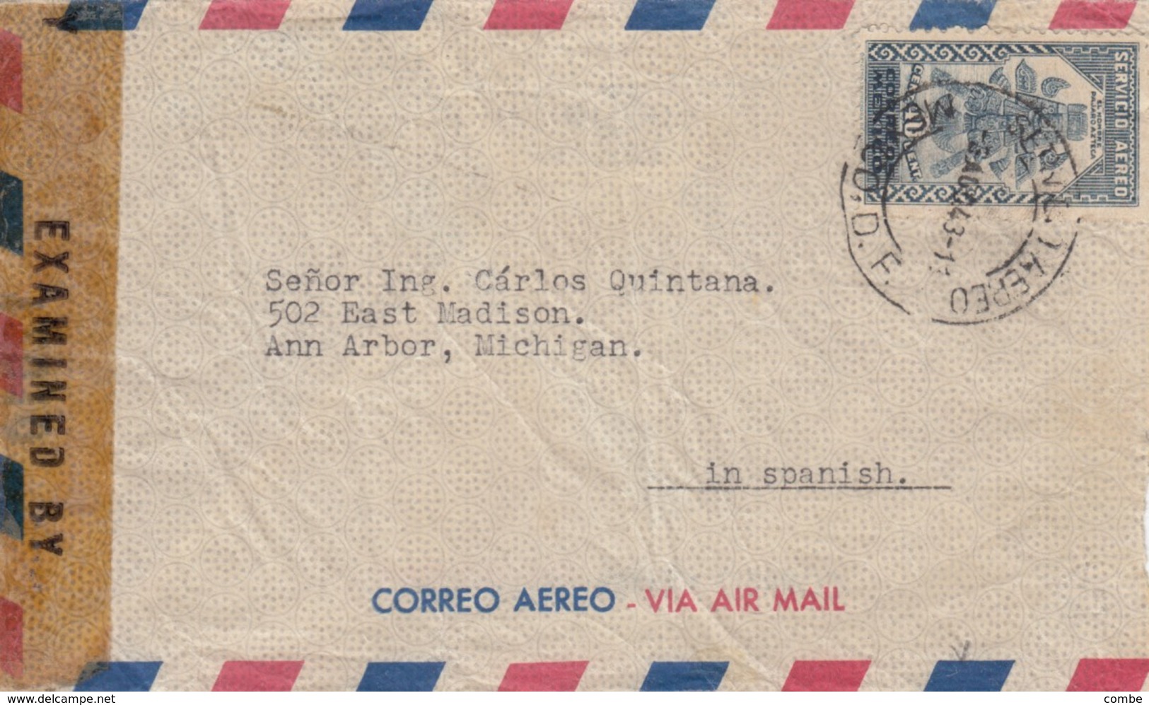 LETTRE COVER.  MEXICO NEW-YORK 1943 CENSOR - Sonstige & Ohne Zuordnung