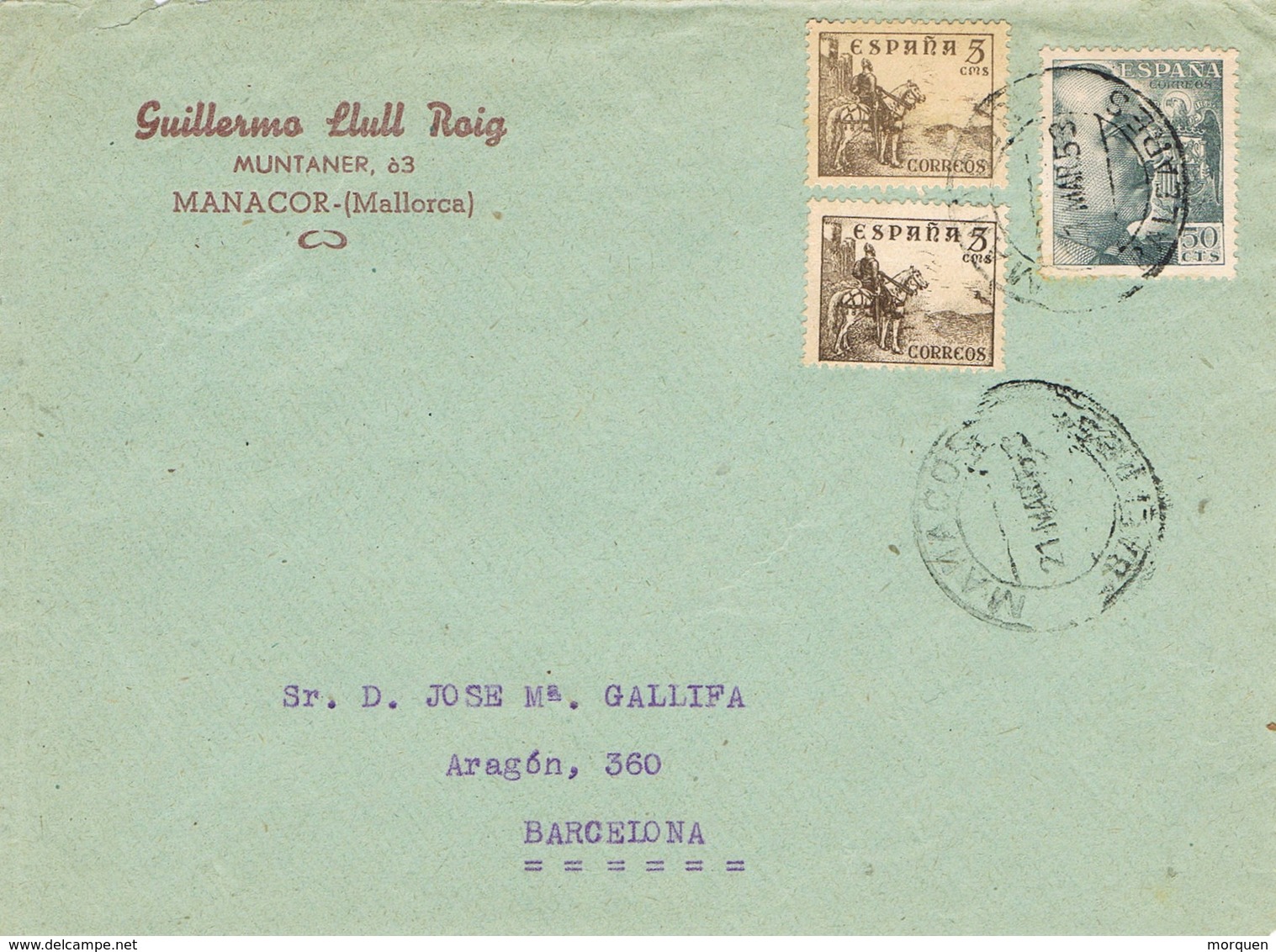 30884. Frontal Comercial MANACOR (baleares) 1952. VARIEDAD Sellos Cid Y Caudillo - Cartas & Documentos