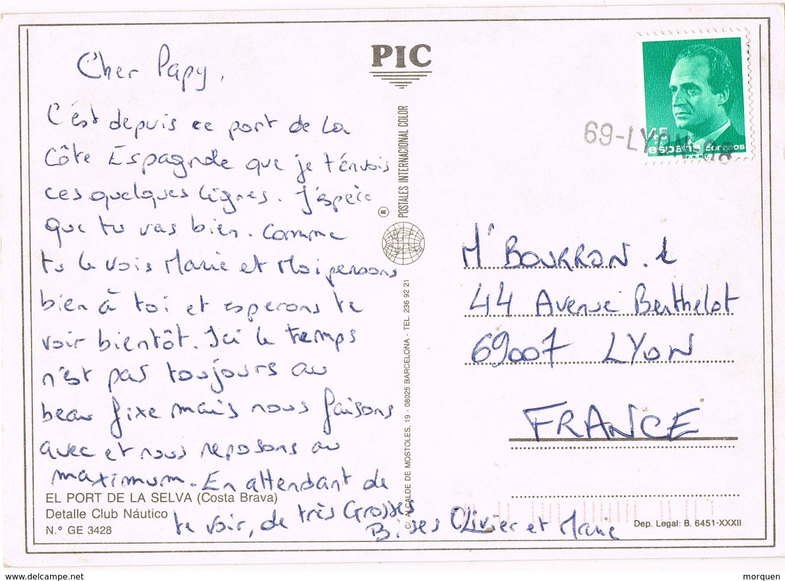 30887. Postal PORT De La SELVA (Gerona) 1980.  Fechador Lineal Ferrocarril Frances LYON 69. Lineaire. - Cartas & Documentos