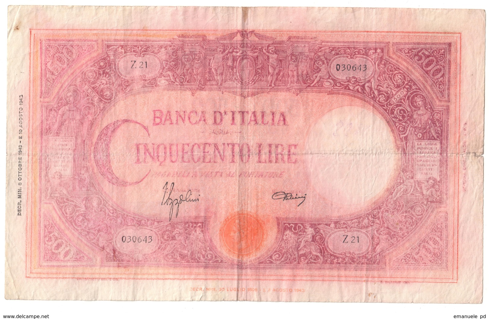 Italy 500 Lire Barbetti 08/10/1943 Restored Restaurato - 500 Lire