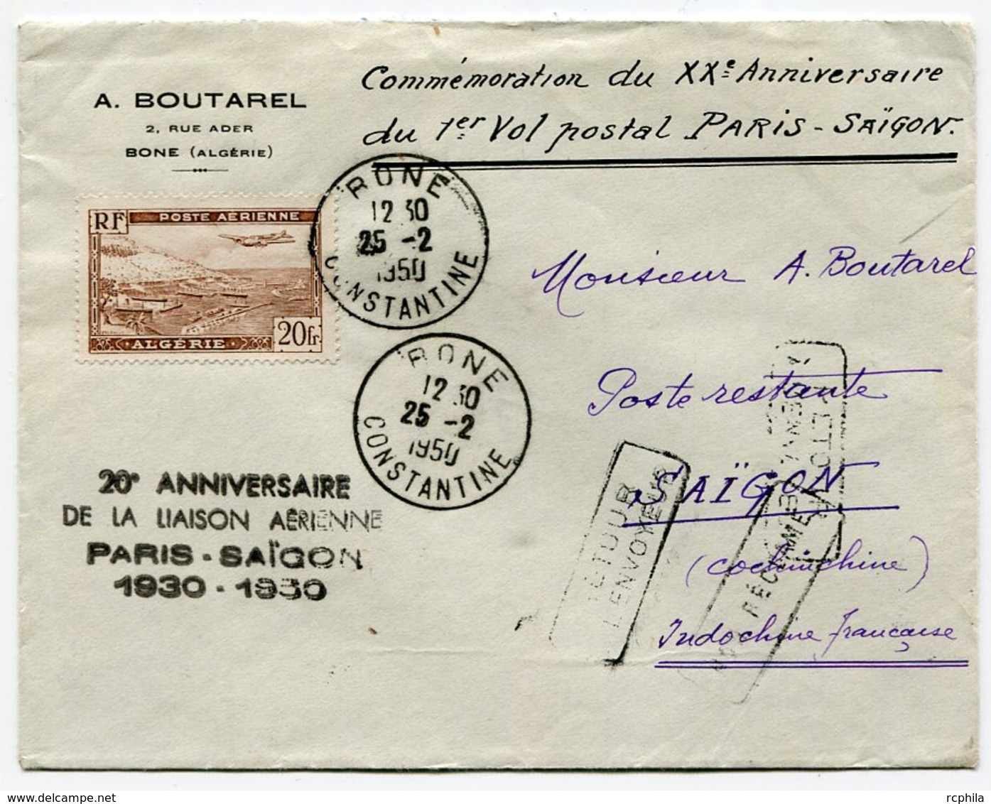 RC 10734 ALGERIE 1950 - 20e ANNIVERSAIRE DE LA LIAISON AERIENNE PARIS SAIGON INDOCHINE TB - Airmail