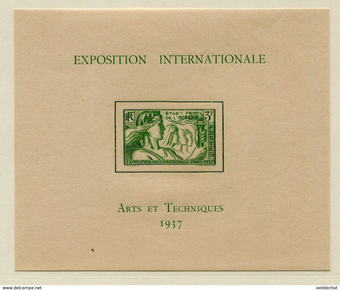 10341  OCEANIE  BF 1**   3 F Vert-jaune :   Exposition Internationale Arts Et Techniques    1937  TB - Blocks & Sheetlets