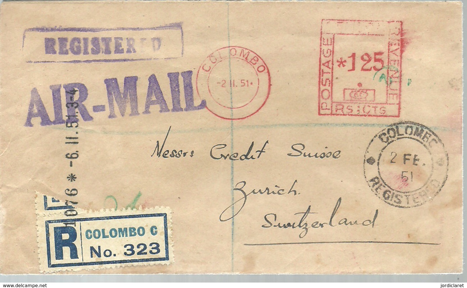 LETTER REGISTERED  1951  COLOMBO A SUIZA - Cartas & Documentos