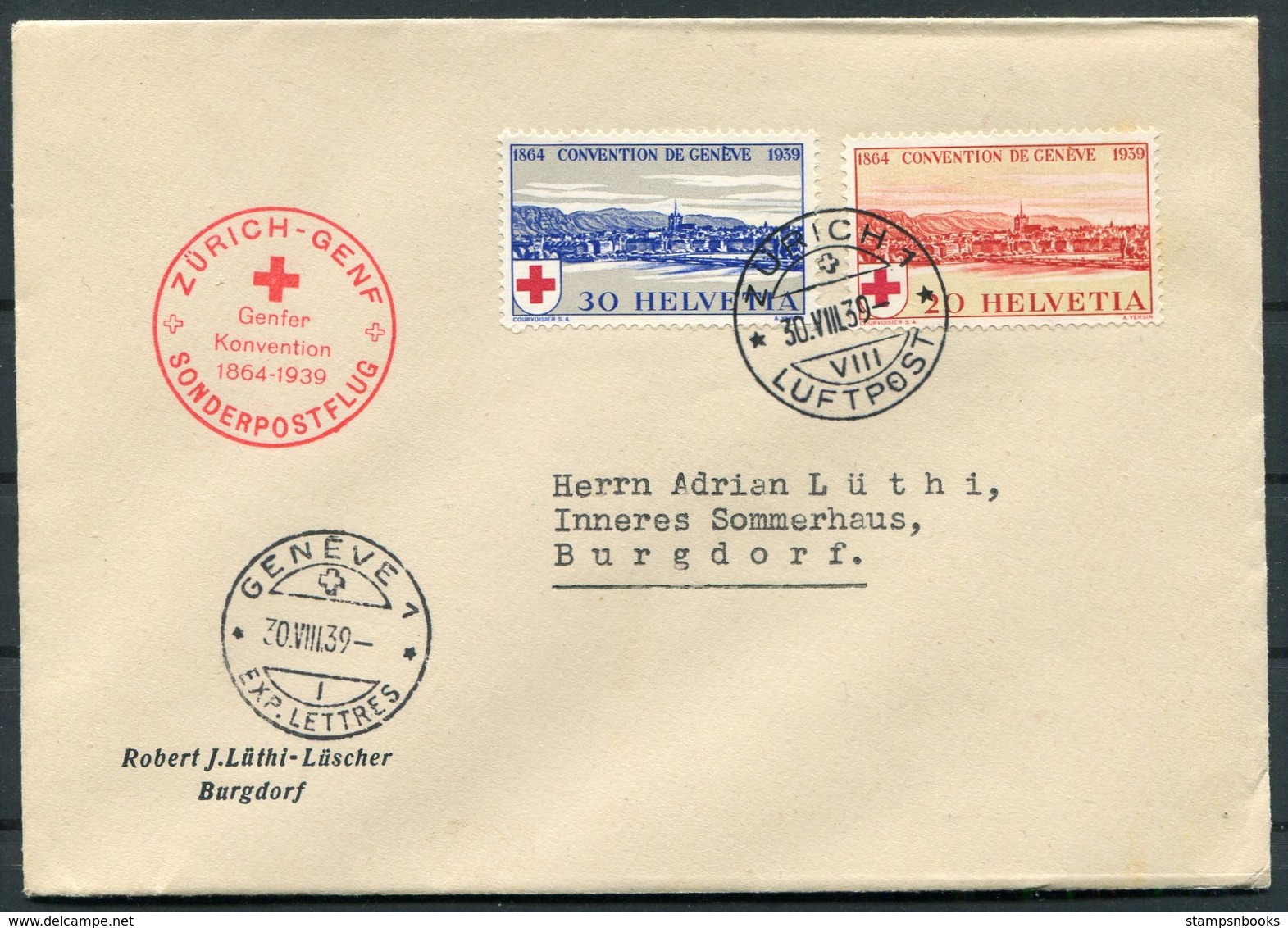 1939 Switzerland Zurich / Geneve First Flight Cover. Red Cross Convention Sonderpostflug. - First Flight Covers