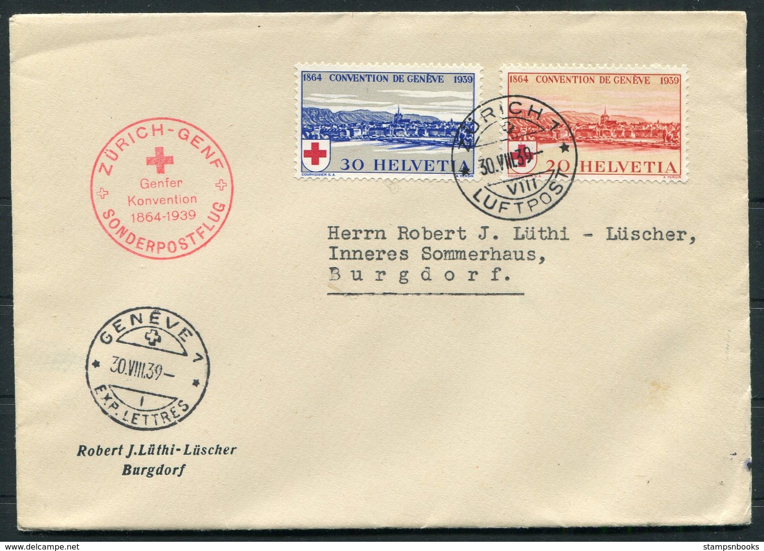 1939 Switzerland Zurich / Geneve First Flight Cover. Red Cross Convention Sonderpostflug. - Eerste Vluchten